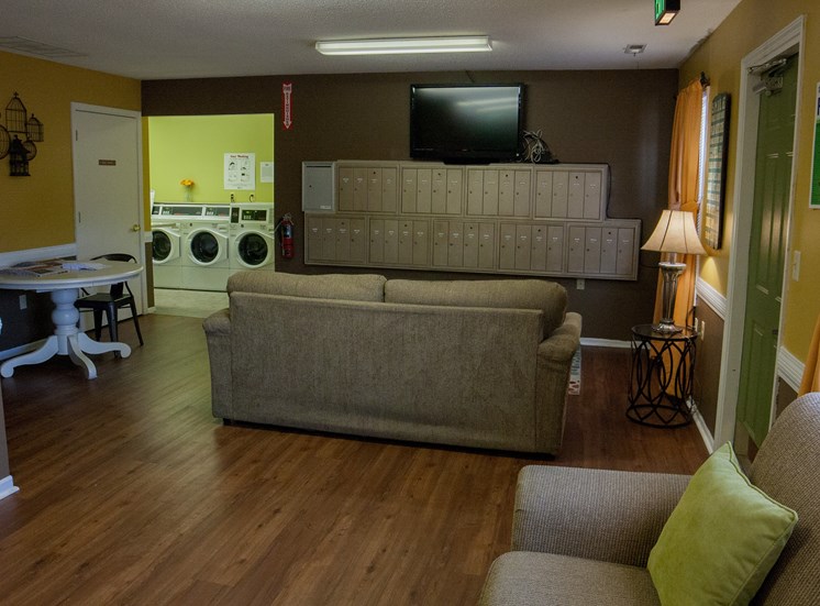 a living room and laundry room with a couch and a television